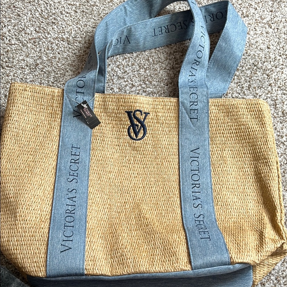Victoria's Secret Straw Tote Bag with Blue Straps